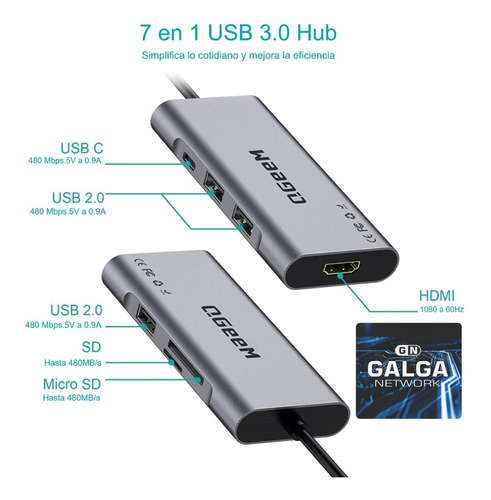 Imagen 4 de 9 de Hub Qgeem 7 En 1 Adaptador Usb A Hdmi/3*usb/usb C/sd/microsd