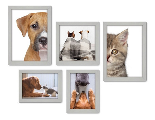 Kit 5 Quadros Decorativos - Pet Shop Cachorros Gatos Sala Cor Moldura Branca