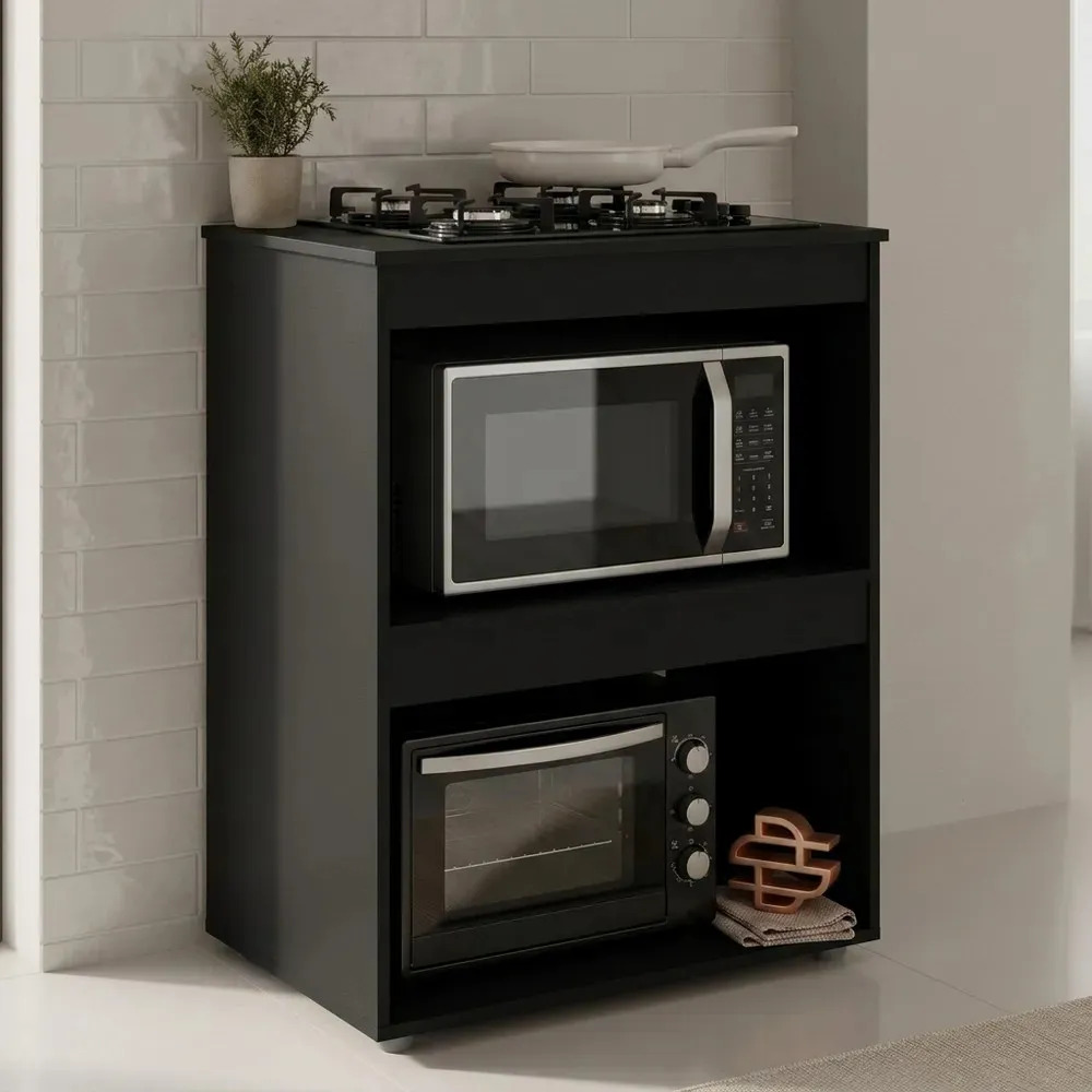Balcão Cooktop Ariana 75cm Cozinha Compacta com Nichos para Micro-ondas e Eletroportáteis Preto - Desk Design