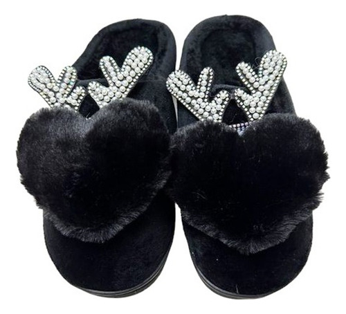 Pantuflas Negras Simil Piel Corazón Reno Strasses Y Perlas