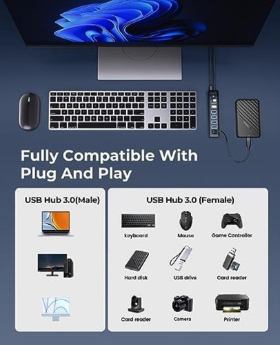 Hub Usb 3.0 De 7 Puertos Con Cable De 5,9 Pulgadas, Divisor