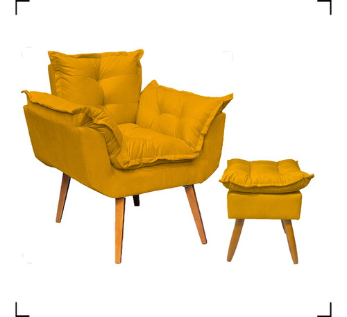 Kit Poltrona Opala Para Sala Confortável + Puff Decorativo Cor Mostarda Desenho Do Tecido Suede