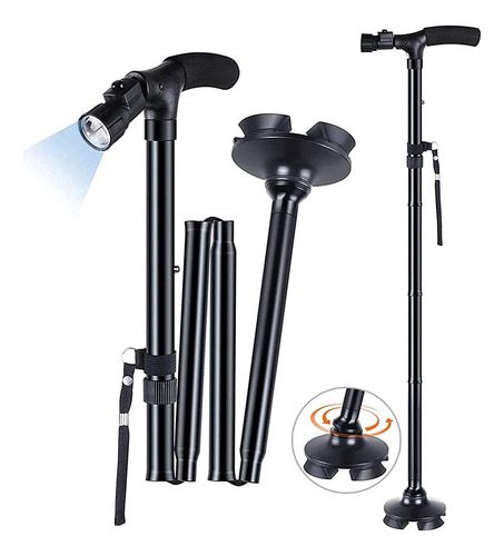 Bastón Plegable Ajustable Con Luz Led Y Base De 4 Puntos