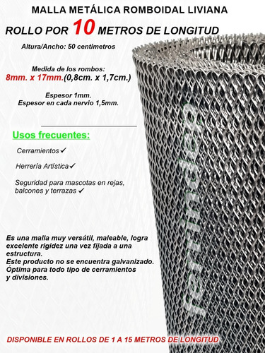 Malla Metál Romboidal Desplegado 8x17mm Rollo 50cm X 10mts