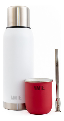 Set Termo Matte White 1l + Mate Steel + Bombilla 