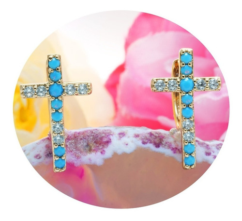 Aretes Broquel Azul Cielo Oro 24k Cruz Diamante Incrustado 