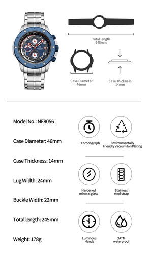Reloj Nvforce 46mm Acero Inox Cronos Tipo Invicta Casio (Usado)