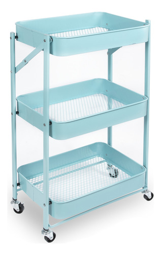 Carrito Plegable Metálico De Cocina, Con 3 Estantes Bandeja Y Ruedas - Organizador Multiuso, Gran Resistencia - Color Celeste