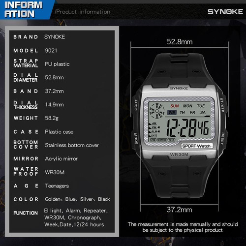 Reloj electrónico digital Synoke Luminous Square, correa de color negro