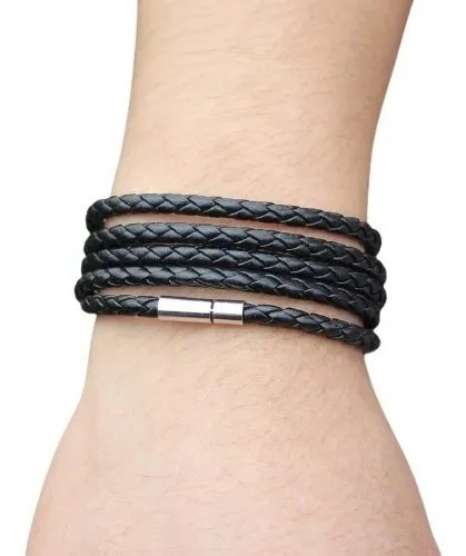 Pulsera Hombre Moda Regalo Brazalete Negro Ajustable Cuero