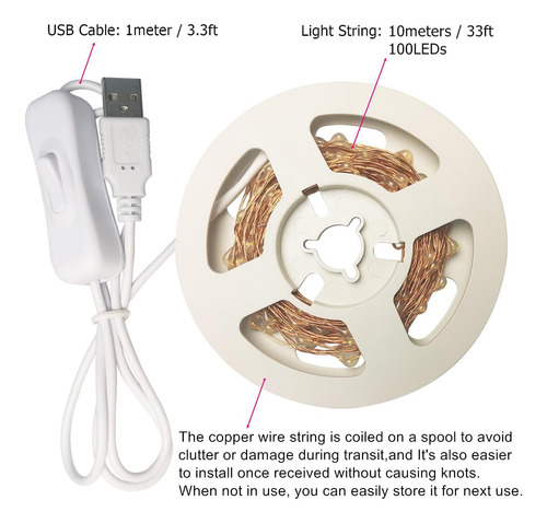 Cadena De Luces Usb De Cobre Con 100 Led, 10 M, Blanco Cálid