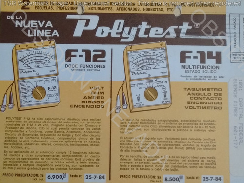 Antiguo Folleto Telme Tester Polytest F12 F14 Auto Año 1984