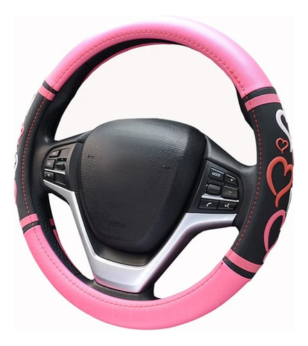 Cubre Volante Rosa Negro Corazones Ecocuero Auto Universal 