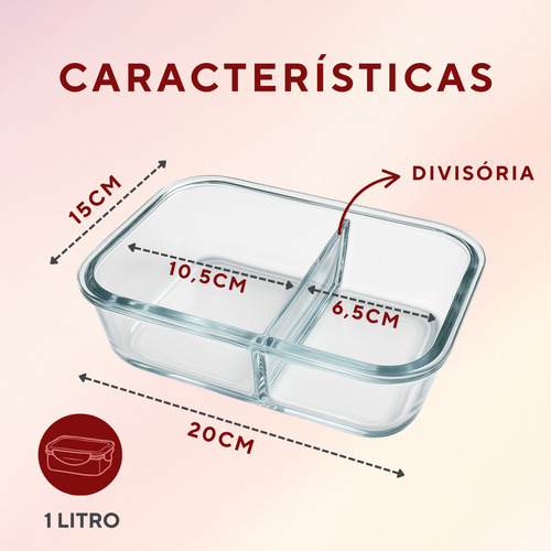 Jogo 2 Pote Hermético Com Divisória Vidro 1l Marmita Freezer