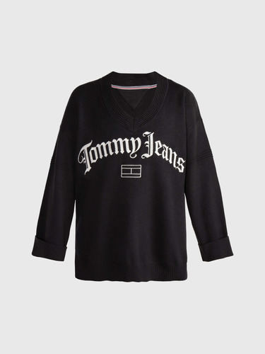 Suéter Oversize Negro De Cuello V Con Logo Tommy Jeans Mujer