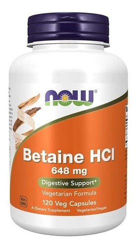 Betaina Hcl 648mg 120 Cápsulas Now Foods Apoyo Digestivo