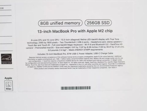 New Apple Macbook Pro 13.3 256gb Ssd, M2, 8gb Laptop