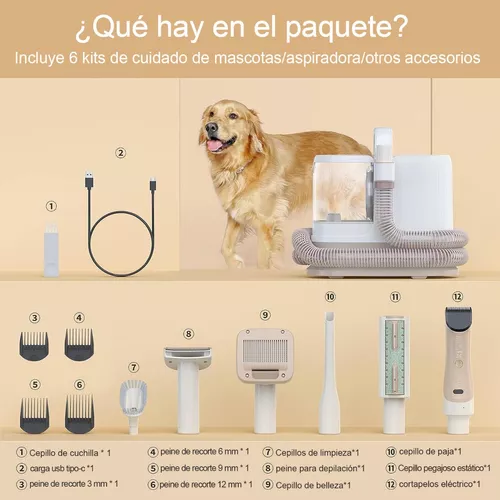 Kit de aseo para perros y aspiradora de pelo de perro, 99% succión de pelo  de mascotas, aspiradora silenciosa y potente para el aseo de mascotas