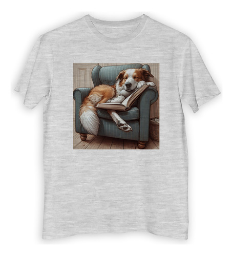 Remera Niño Perro En Sillon Durmiendo Leyendo Libro