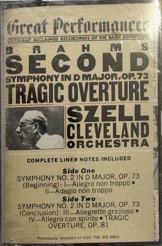Cassette Brahms Second Symphony Cleveland/szell Nuevo S(2499