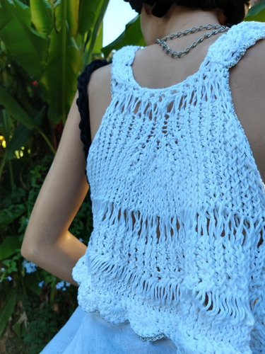 Remera Top Tejida Artesanal Algodon/saten Boho Crochet