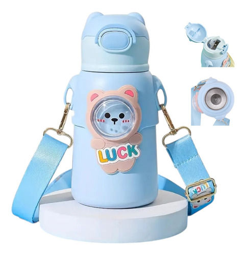 Garrafa Térmica Infantil Aço Inox Criança Escolar Canudo Silicone Alça Para Transporte Dupla Camada A Vácuo 500ml azul