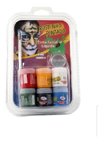 Kit Tinta Líquida 6 Cores + Pincel+ Gliter Rostinho Pintado 