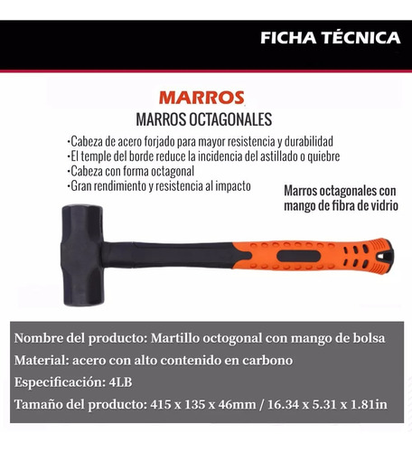 Marro Octagonal 4 Lbs, Mango Fibra De Vidrio