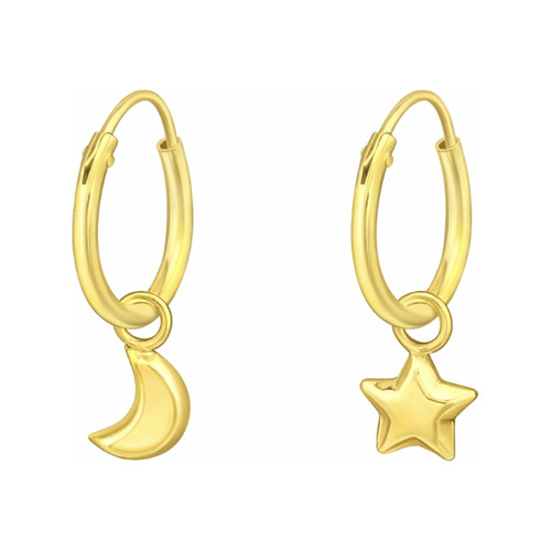 Argollas Chicas Plata Colgante Luna Y Estrella Baño Oro 24k