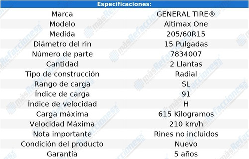 Par De Llantas 205/60r15 91h Sl General Tire Altimax One
