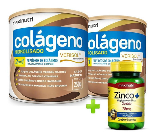 Kit 2 Colageno Verisol Natural 250g + Zinco Quelato Sabor Mix