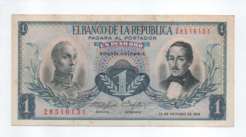 Billete De Colombia 1 Peso 1959