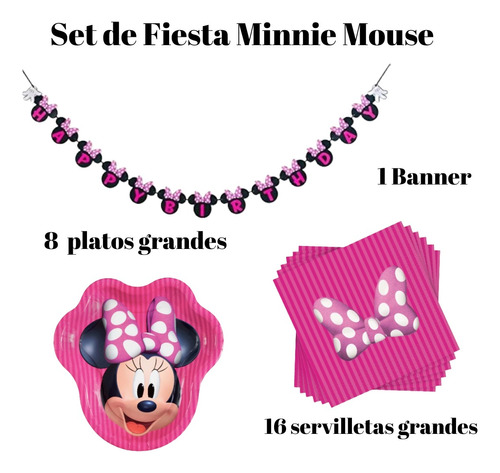 Set Kit Fiest Decoracion, Minnie Mouse, Banner Combo, Plato