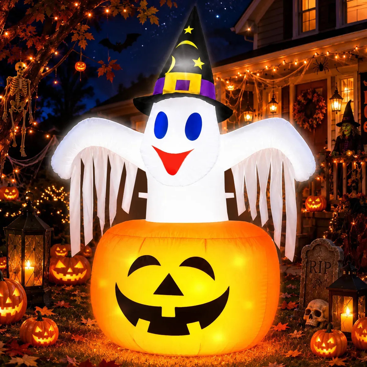 Muñeco Inflable de Halloween FAMXUB de 1.5 m con Fantasma y Calabaza, Impermeable y con Luces LED para Decoración Exterior