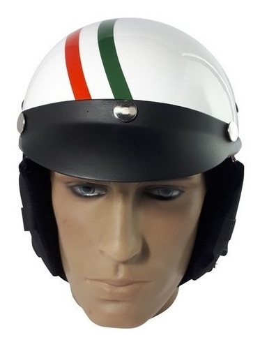 Capacete Custom Classic Vespa Branco Faixas Itália - Ccc064