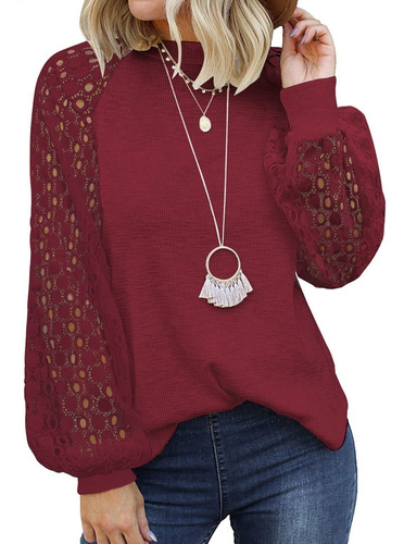 Blusa De Encaje De Manga Larga Con Cuello Redondo Para Mujer