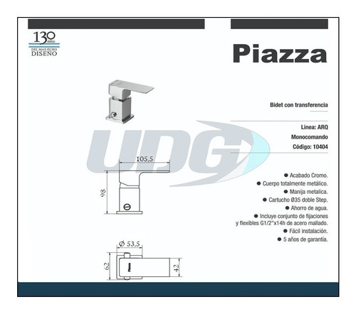Imagen 2 de 6 de Grifería Monocomando Bidet Piazza Arq Con Transferencia