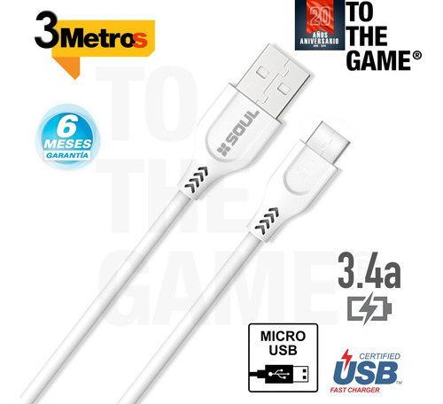 Imagen 2 de 6 de Cable Usb Micro Usb 3 Metros Largo Carga Ultra Turbo 3.4a