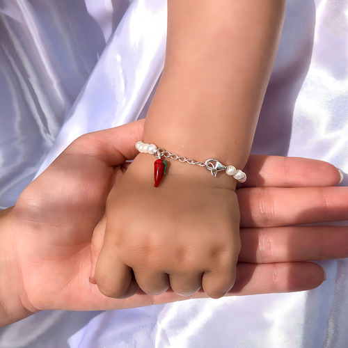 Pulseira Bebê Pérola Pimenta Prata 925 P/ Presente Batizado Tamanho P