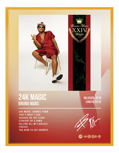 Cuadro Bruno Mars 24k Magic Album Music Firma C/marco 60x50