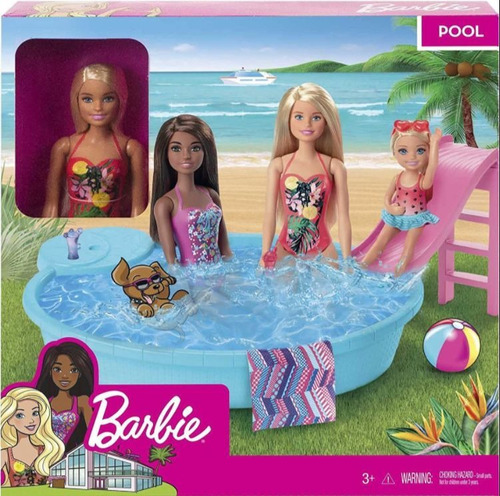 Barbie Piscina Muñeca Rubia Con Tobogan Y Accesorios 