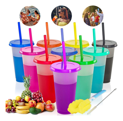 10 Vasos Magicos Color Reutilizable 710ml Copa+tapa Y Popote