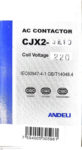 Contactor De 32amp Modelo Cjx2-d3210 Bobina 220v Andeli