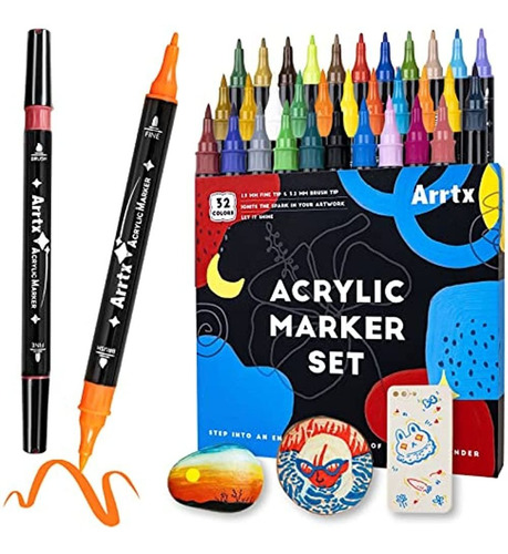 Arrtx Acrylic Paint Pens, 32 Colores Punta Fina Y Marcador D