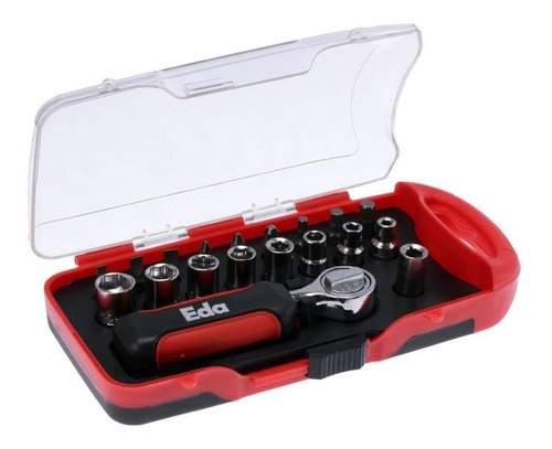 Jogo Soquete E Bits Catraca 1/4 Adaptador 19 Peças Eda9jg
