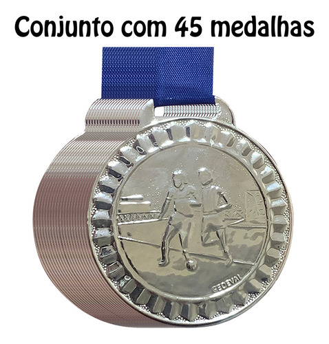 Lote Promocional C/ 45 Medalhas Torneio Futsal Futebol 4,5cm Cor Prata