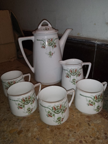 Antigua Tetera De Porcelana Con 4 Tazas, Numerada 