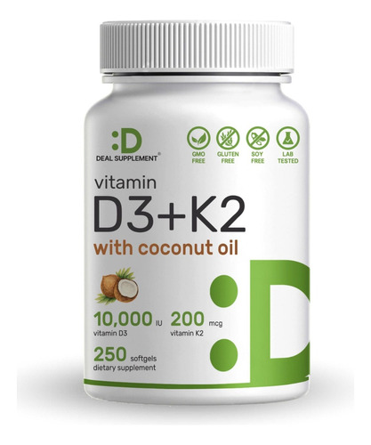 Vitamina D3 10.000 Ui + K2 (mk7) 200 Mcg - 250 Capsulas