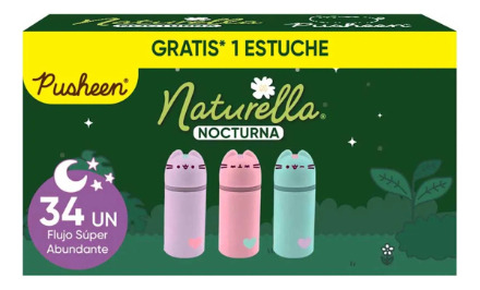 34 Toallas Naturella Nocturna Extra Largas + Estuche Pusheen