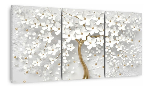 Imagem 1 de 7 de Quadro Cerejeira Branca Abstrato Dourado 150x75 Para Sala